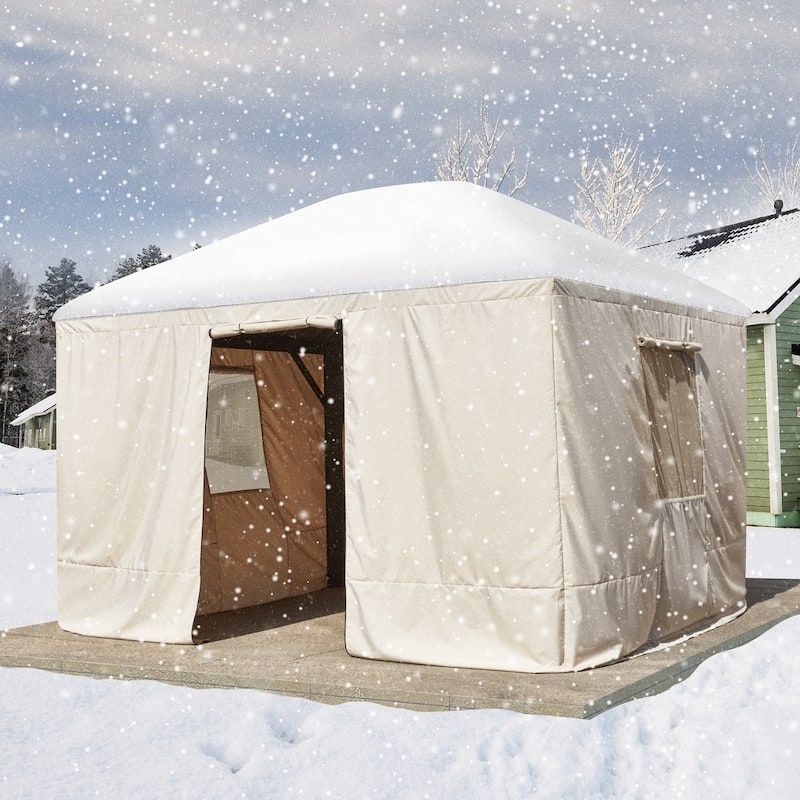 Winter Gazebo Cover with Sidewalls, Waterproof Outdoor Enclosure for Hardtop Gazebos, Beige - Beige - 10'x13'