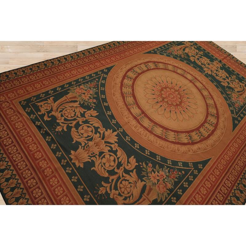 7'4''x11'7'' Hand Woven Wool Teal French Needlepoint Flatweave Area Rug - 7' 4'' x 11' 7''