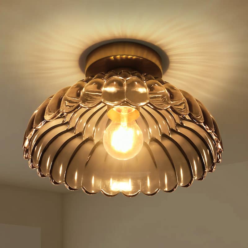 1-Light Vintage Brass Finish Metal Semi-Flush Mount Ceiling Light with Amber/Green/Grey/Clear Glass Shade for Kitchen, Hallway