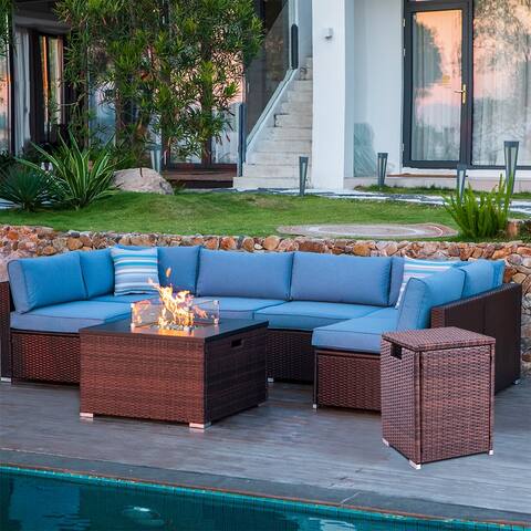COSIEST 9 Piece Outdoor Sectional Sofa With Square Wicker Fire Table