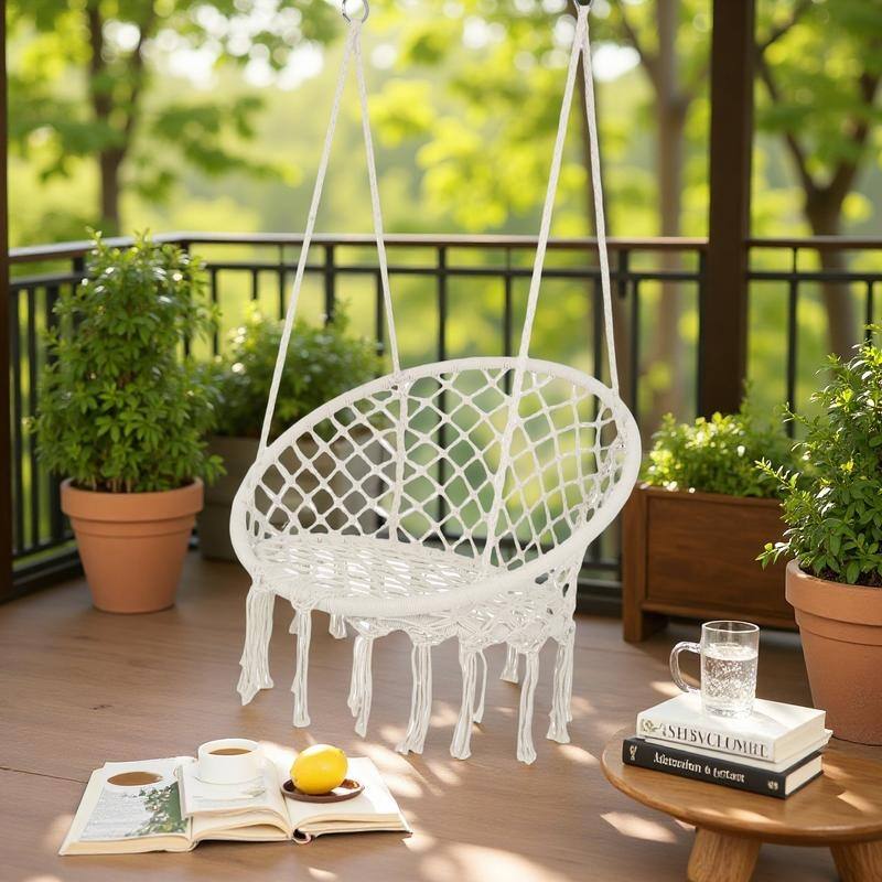 Cotton Macrame Hammock Swing with 330lb Capacity Handwoven Chair for Indoor/Outdoor - Beige