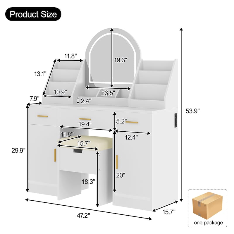 Roomfitters 47.2-Inch Makeup Vanity with Mirror and Light, Vanity Desk with Storage Stool, White