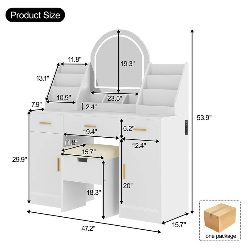 Vanity Desk with LED Lighted Mirror & Storage Stool, Makeup Vanity Set with 2 Organizers, 3 Drawers & 2 Cabinets