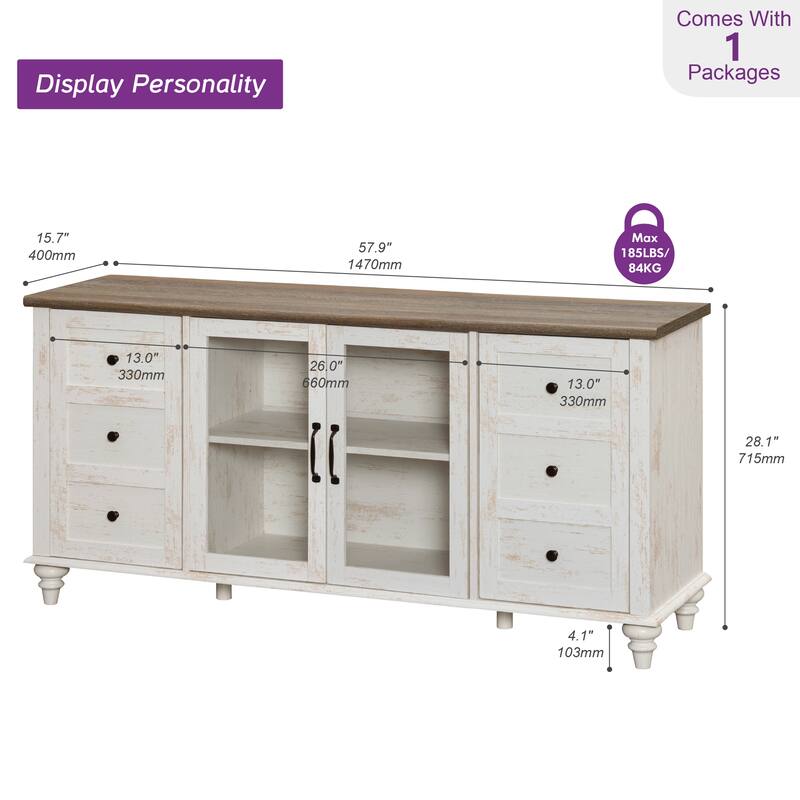 Farmhouse TV Stand for 65 Inch TV, Wood Console Table with Glass Door