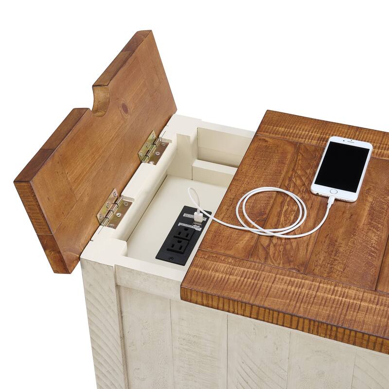 Rustic Solid Wood Chairside End Table with Hidden Charging Station