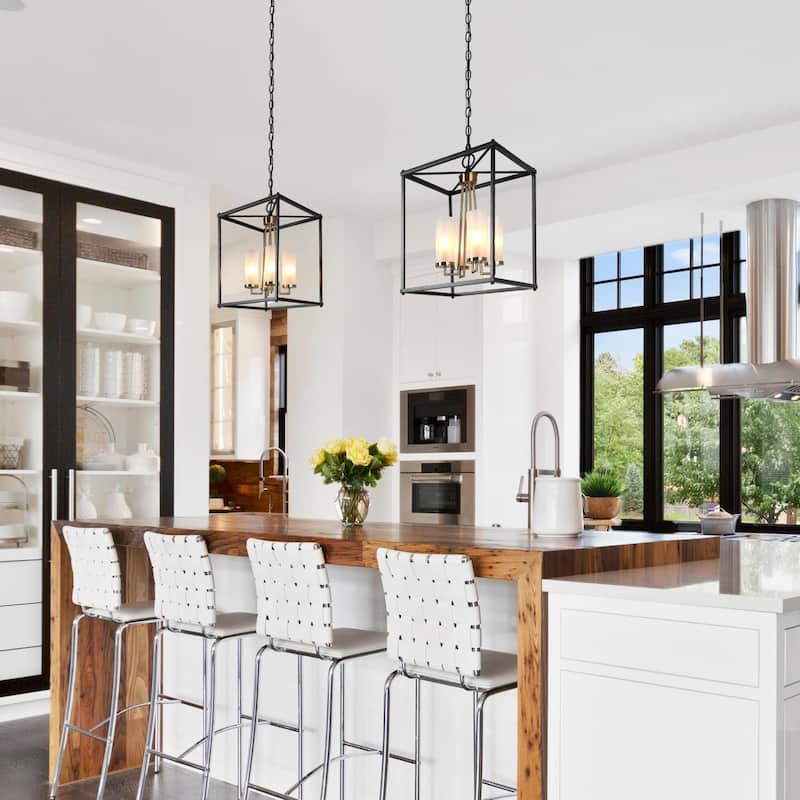 Modern Farmhouse Black Gold Geometric 4-Light Candle Pendants Chandelier for Kitchen Island