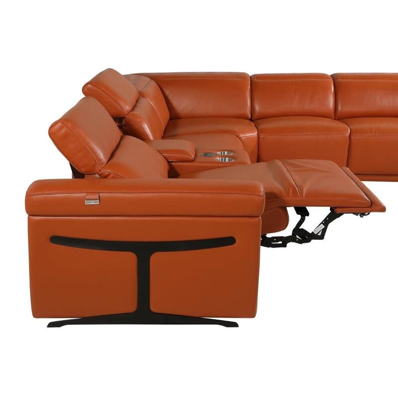 HomeRoots Camel Italian Leather Modular L Shaped Seven Piece Corner Sectional With Console