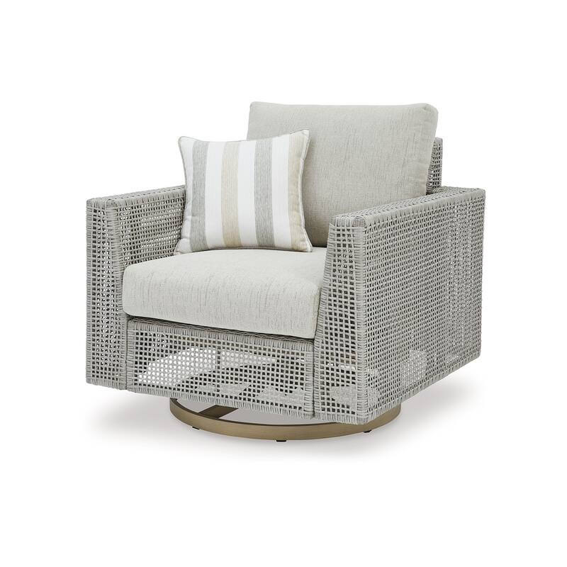 Yami 36 Inch Outdoor Swivel Lounge Chair, 1 Throw Pillow, Gray Wicker