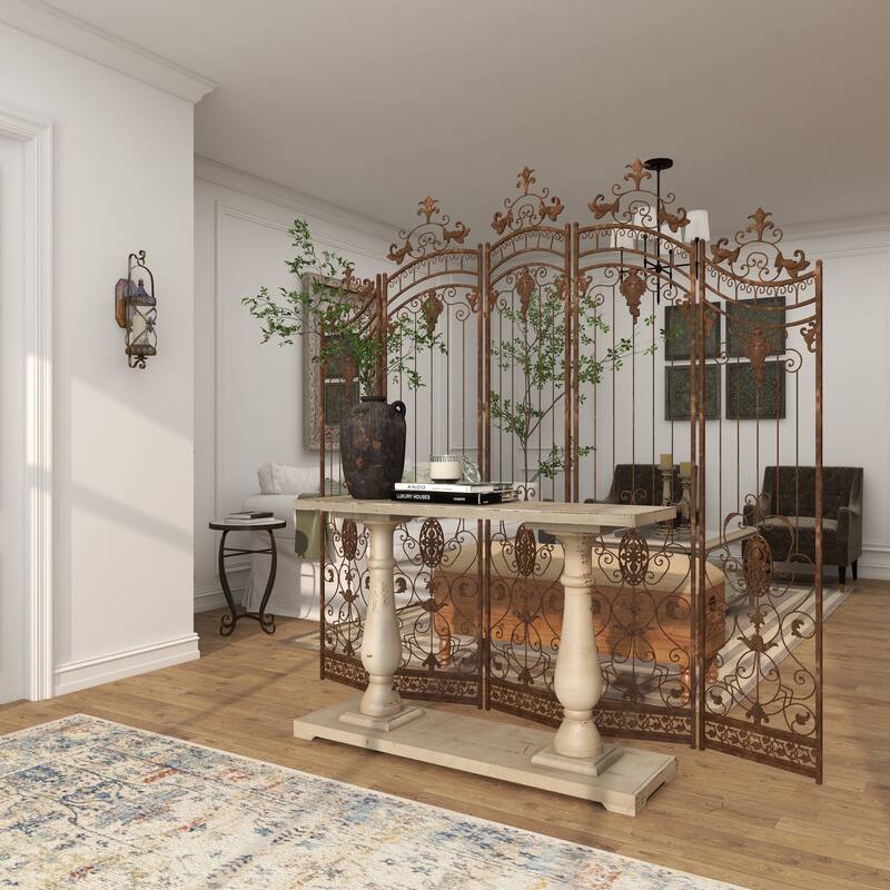 Bronze Metal Hinged Foldable Arched Partition 5 Panel Partition Room Divider Screen with Relief Acanthus Design