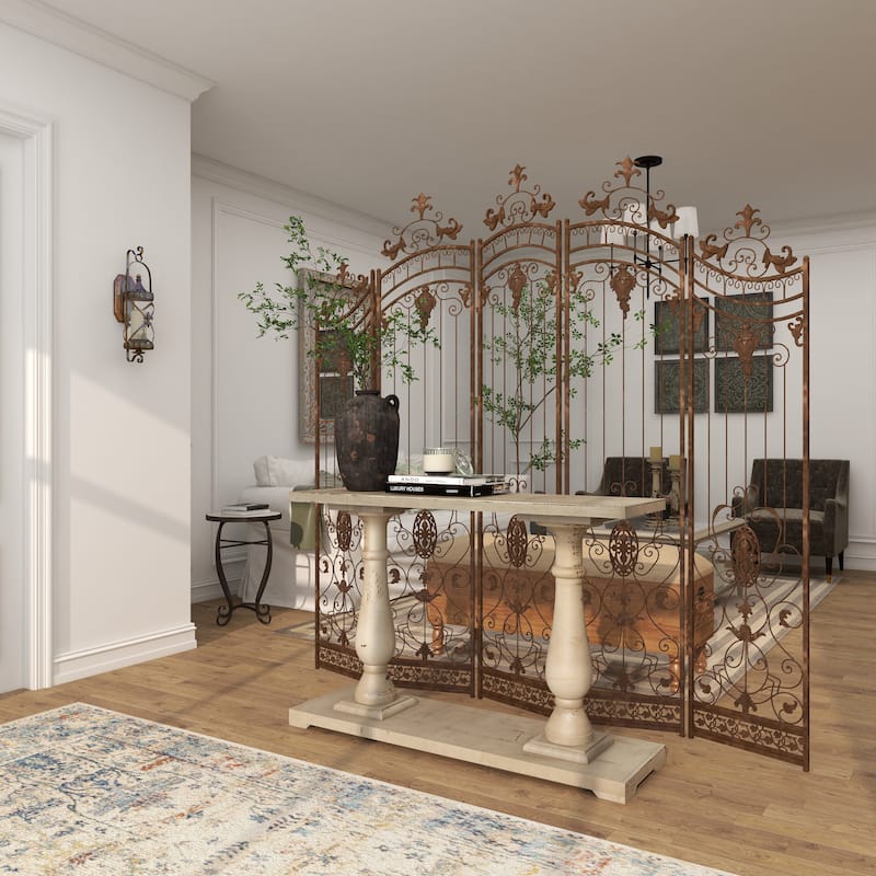 Metal Hinged Foldable Arched Partition 5 Panel Room Divider Screen with Relief Acanthus Design - Bronze - Roche River Decor