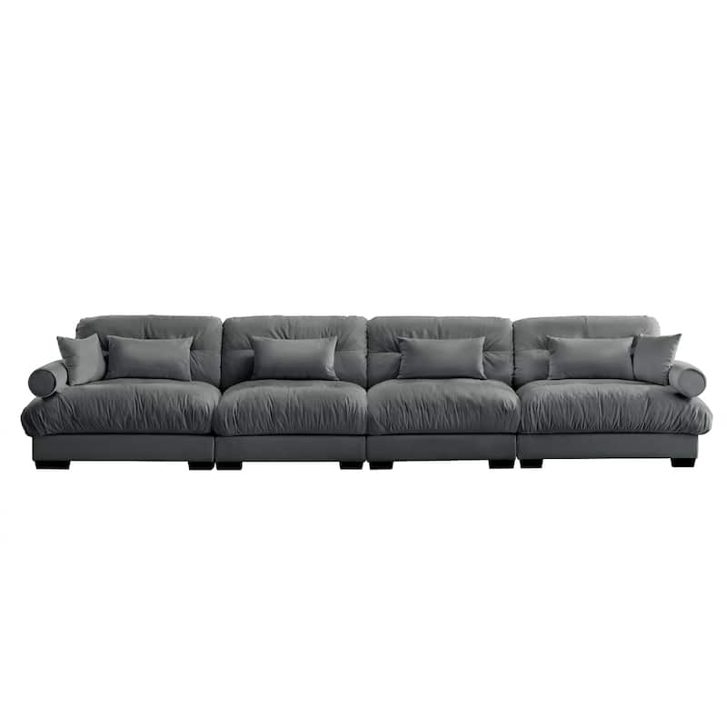 166" Velvet 4-Seater Sofa with Bolster Armrests, High-Resilience Sponge Cushions