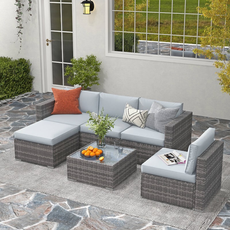 6-piece Outdoor Wicker Sectional Sofa Set - Grey