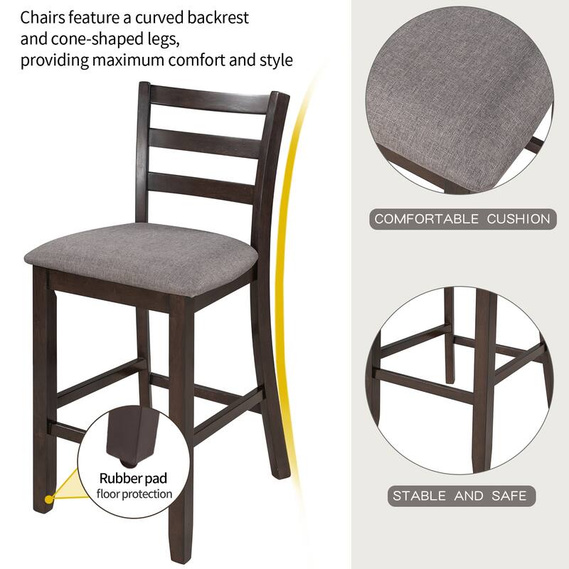 Stylish 5-Piece Counter Height Dining Set with Padded Chairs, Storage Shelving, and Durable Rubber Wood Frame