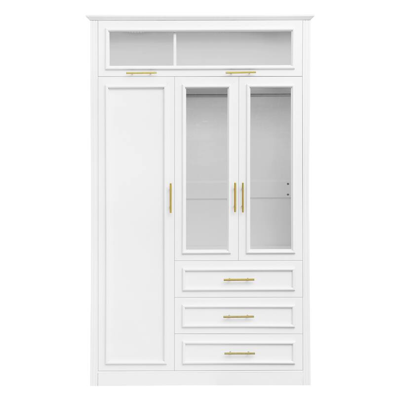 3 Door Wardrobe Built-in LED Light Clothes Storage Cabinet / 3 Drawers White Armoire Closet