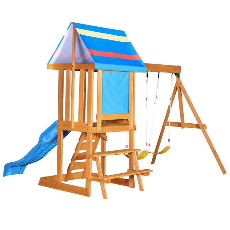 Outdoor 3 in 1 Wood Swing Set with Slide, 2 Swings and Climber
