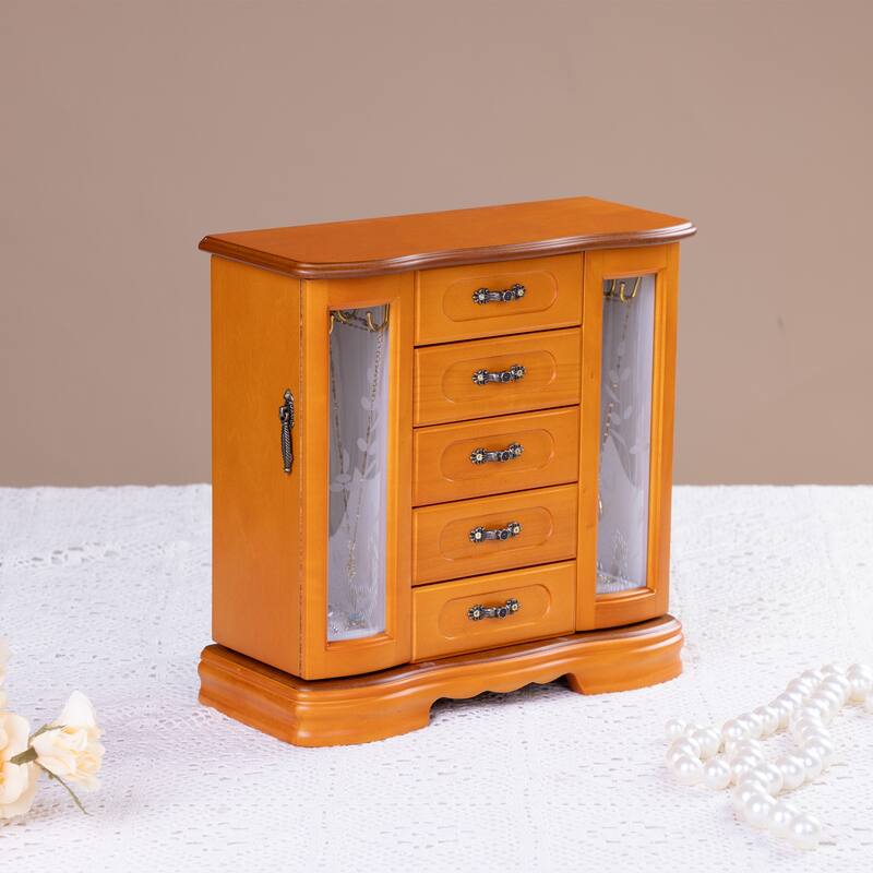 Classic vintage Jewelry Boxes for Women, 5 Layer Drawer Wood Jewelry Boxes and built-in Hooks and Attached Mirror - Brown