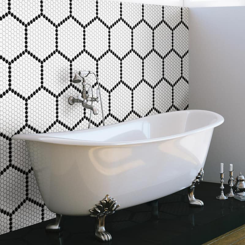Merola Tile Metro Geo 1" Hex Matte White w/Black Edge 10-1/2" x 11-5/8" Porcelain Floor and Wall Tile