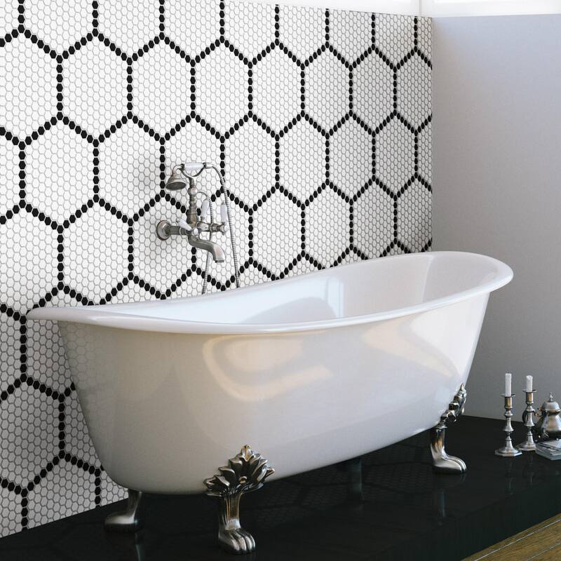 Merola Tile Metro Geo 1" Hex Matte White w/Black Edge 10-1/2" x 11-5/8" Porcelain Mosaic Floor and Wall Tile