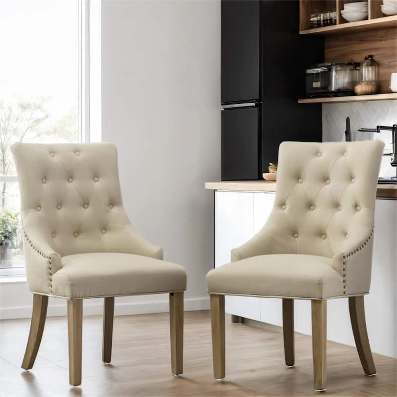 Tufted Wood Dining Chairs with Nail Heads and Legs (Set of 2)