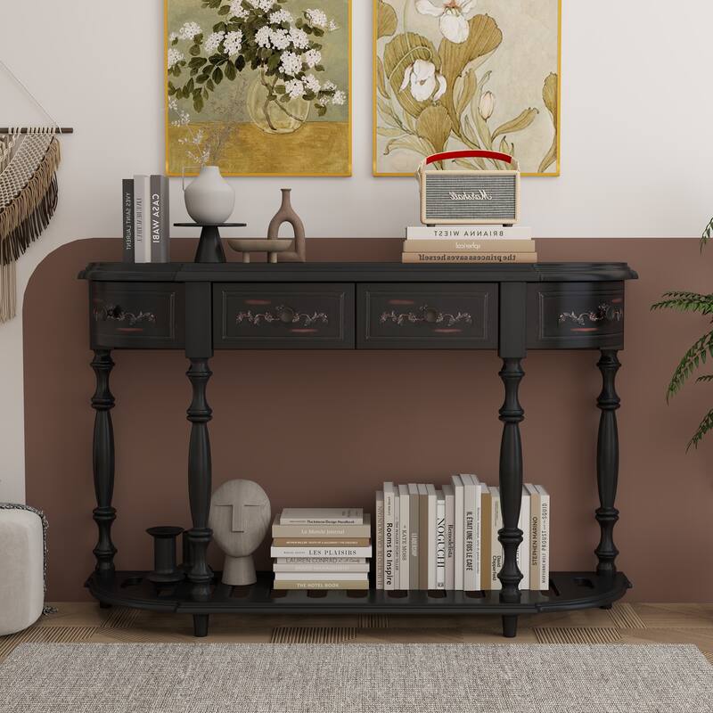 Vintage Carved, Roman Legs Combined Entry Table - Black
