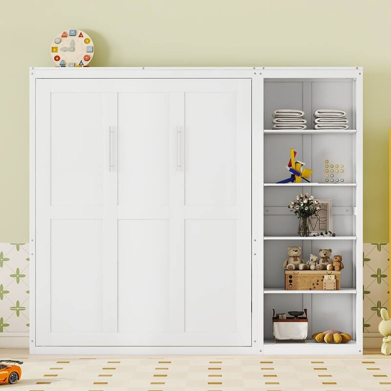 Queen Size Smart Murphy Bed - Space-Saving Wall Bed with 5-Tier Storage Cabinet & Adjustable Shelving