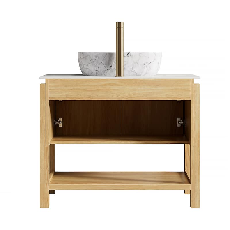 Freestanding Bathroom Vanity in Natural Wood with Carrara White Sintered Stone Top and Vessel Ceramic Basin