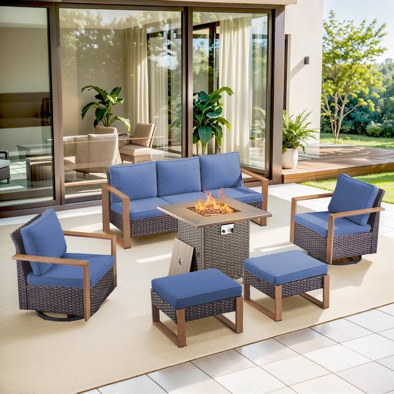 Pocassy 4/6/8PCS Sofa Swivel Chair with Fire Pit Table Set - Brown Wicker Blue Cushion - 6-Piece Sofa Swivel Chair Ottoman with Fire Table