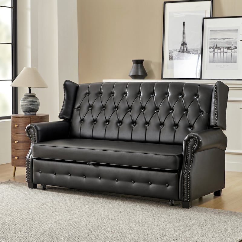 Ruedi Transitional 73.6" Vegan Leather Sofa Bed with Tufted Back and Nailhead by HULALA HOME - Black