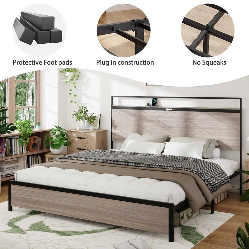 wooden platform bed frame with storage LED light headboard and 2 USB