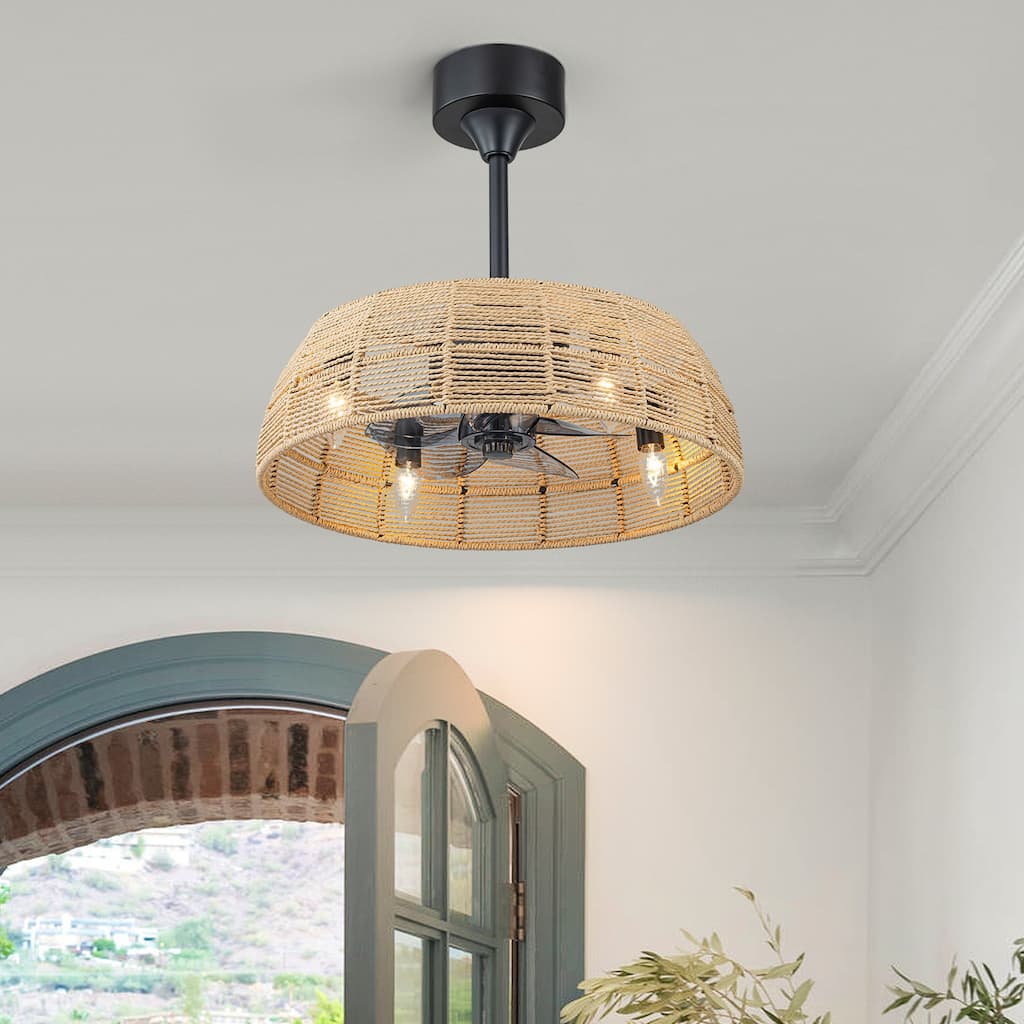 4-Lights Semi Flush Mount Ceiling Fan Light with Remote Control