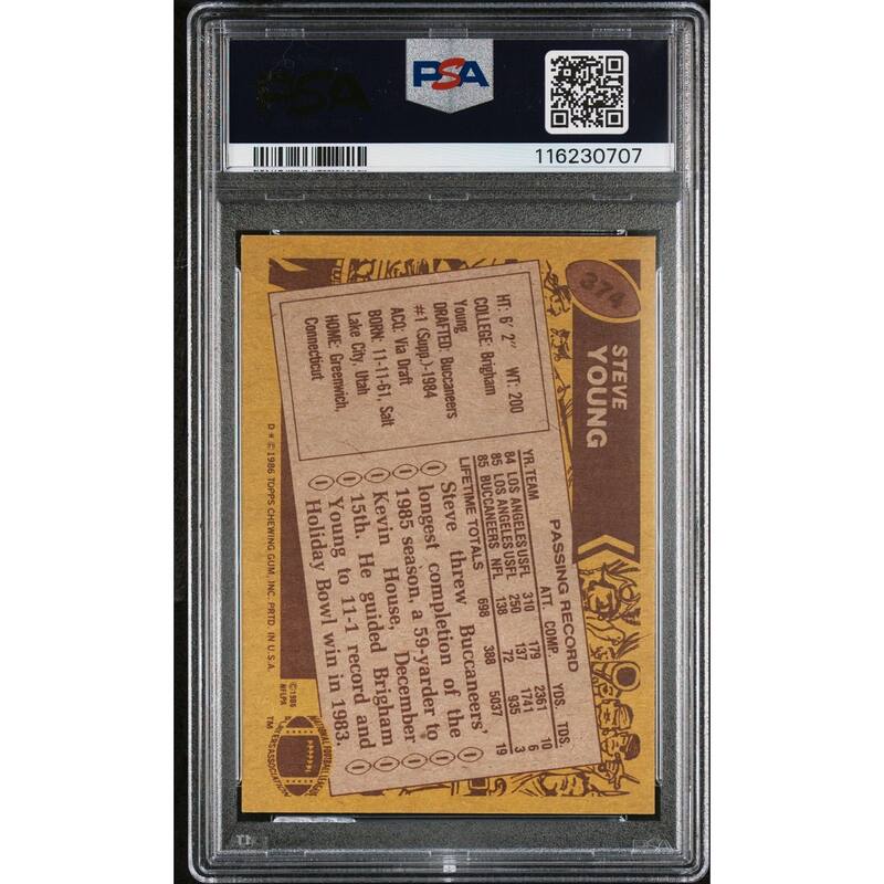 Steve Young 1986 Topps Signed Football Rookie Card #374 Auto Graded PSA 10 Cert # 116230707 - 8' x 11'