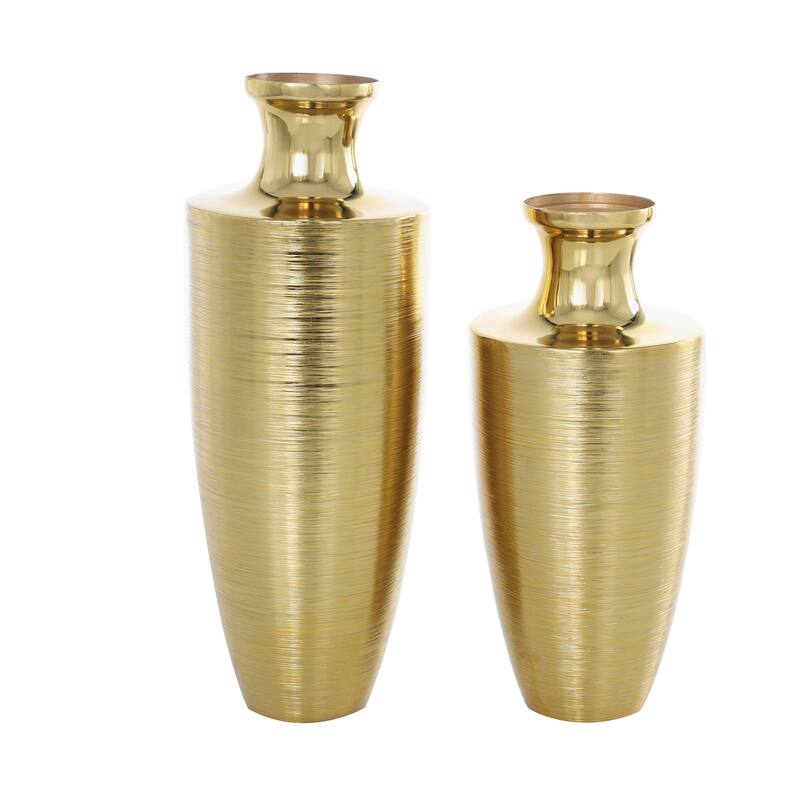 Aluminum Metal Brushed Textured Vase - Set of 2 Gold - Roche River Decor - 6"W x 6"L x 15"H