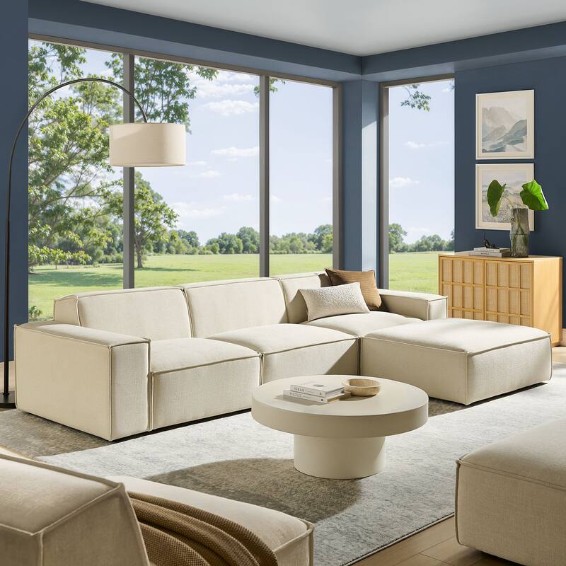 Restore 4-Piece Performance Fabric Upholstered Modular Sofa Set with Ottoman - Ecru