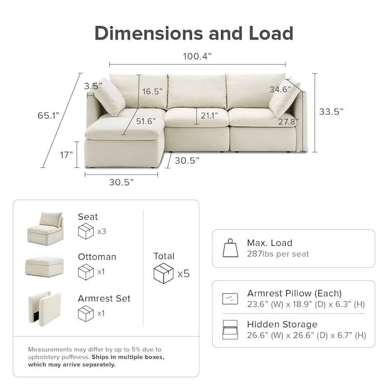 mopio Oversized Modular Sectional Sofa with Fully Removable Covers and Storage (Oat)