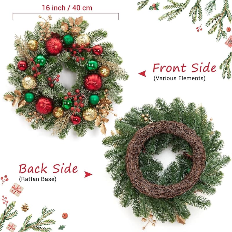 16 Inch Prelit Christmas Wreath for Front Door, Fireplace - N/A