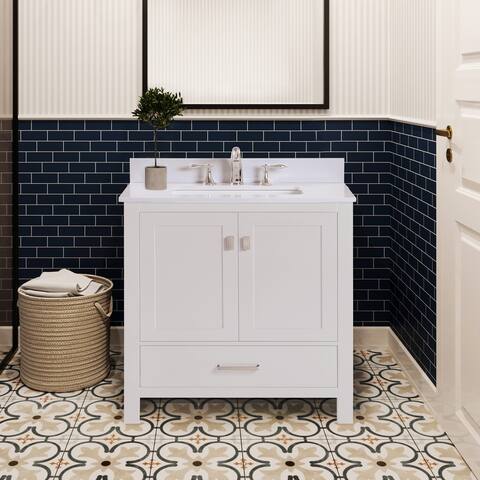 30" White Bathroom Vanity with White Quartz Top