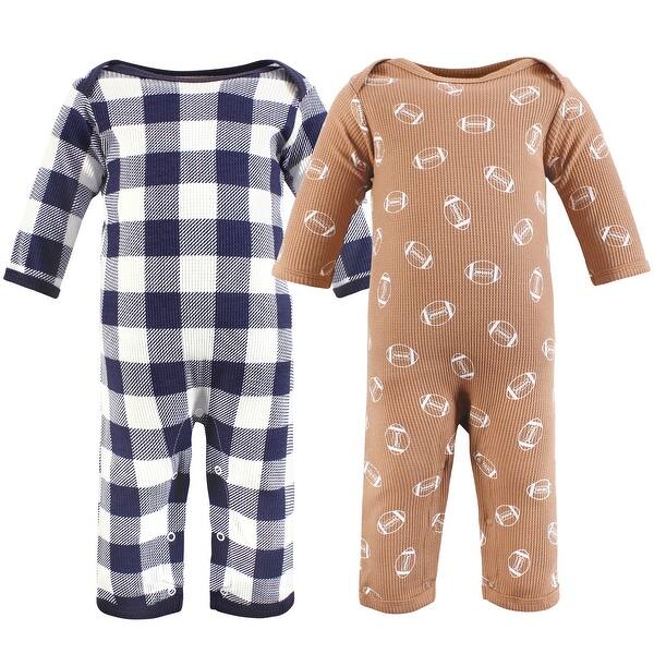 slide 1 of 1, Hudson Baby Infant Boy Thermal Coveralls 2pk, Football 0 - 3 Months - Tan/Blue