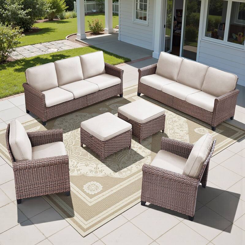 Pocassy Outdoor Sofa with Patio Chairs Funiture Set - 6PCS Sofa Patio Chair w/ Ottoman - Brown Wicker Blue Cushion