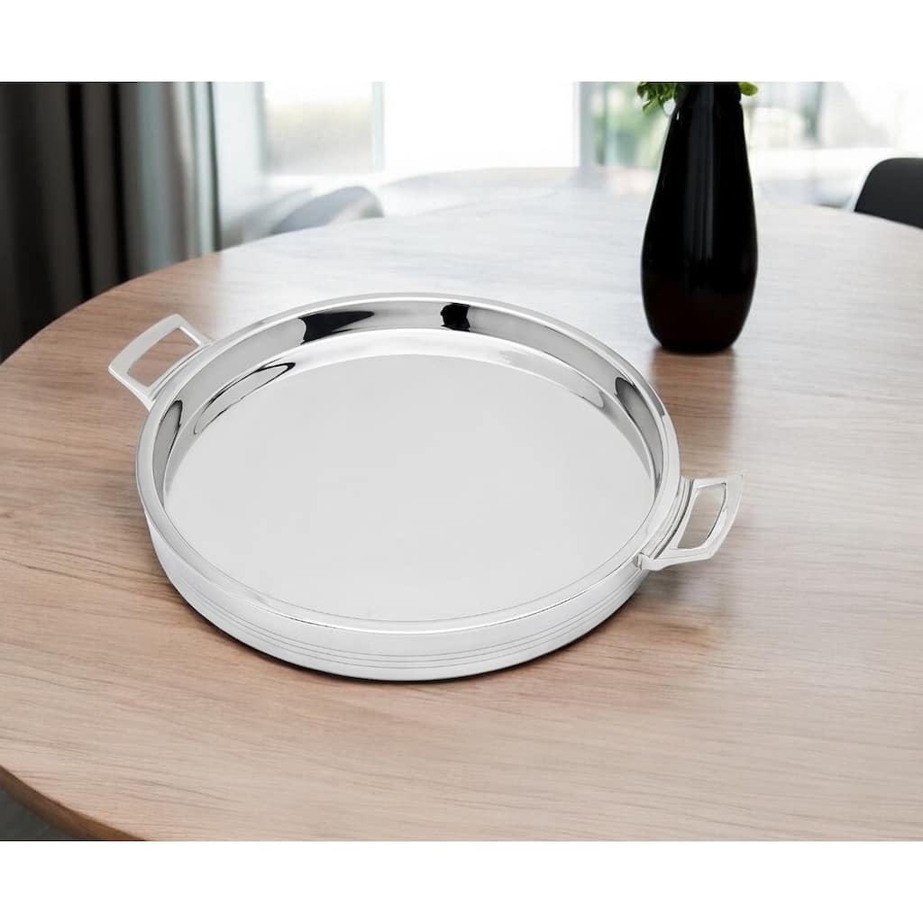 12" Silver Round Stainless Steel Tray With Handles