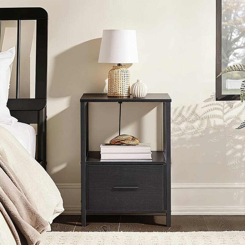 VECELO Mid Century Modern Nightstand with Charging Station USB Port Open Storage Shelf Square End Table for Bedroom