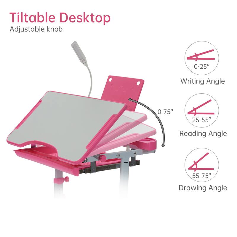 Ukuowu Height Adjustable Child's School Study Kids Desk and Chair Set with Tilt Desktop, LED Light, Storage Drawer, Book Stand