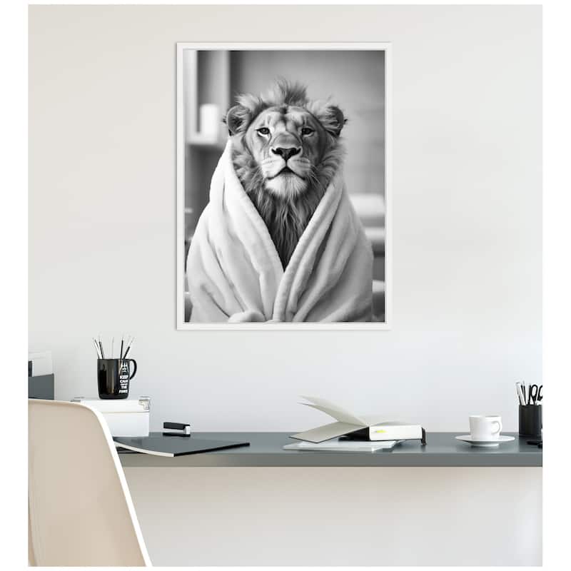 Kate and Laurel Sylvie Lion Bathroom Art Towel Robe Black and White Framed Canvas by The Creative Bunch Studio