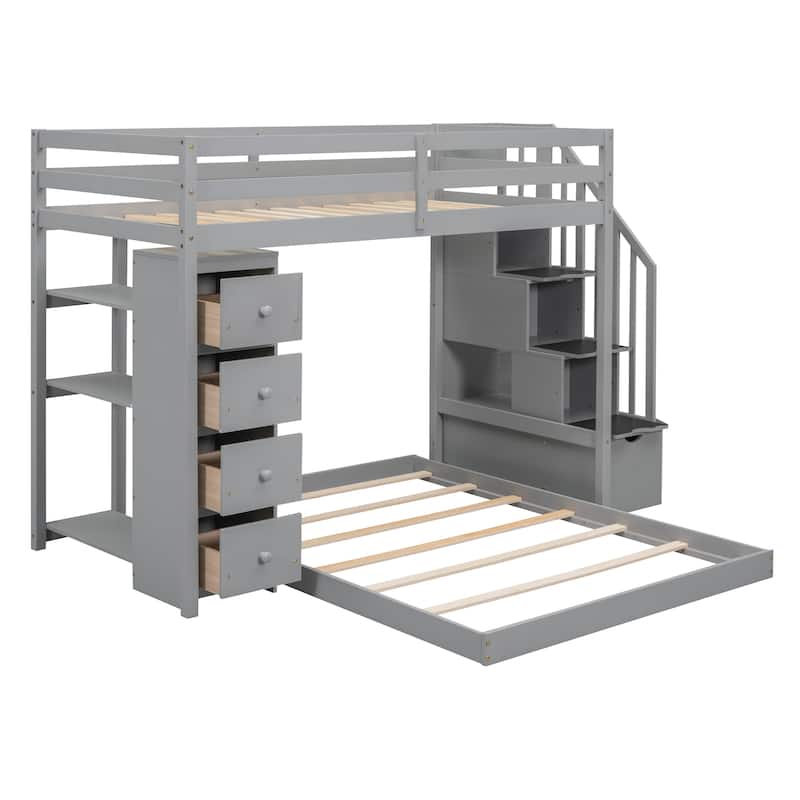Twin Over Full Bunk Bed Frame with Built-In Shelves, Storage Stairs, Bottom Floor Bed with Pull-out Drawers, Wooden Loft Bed