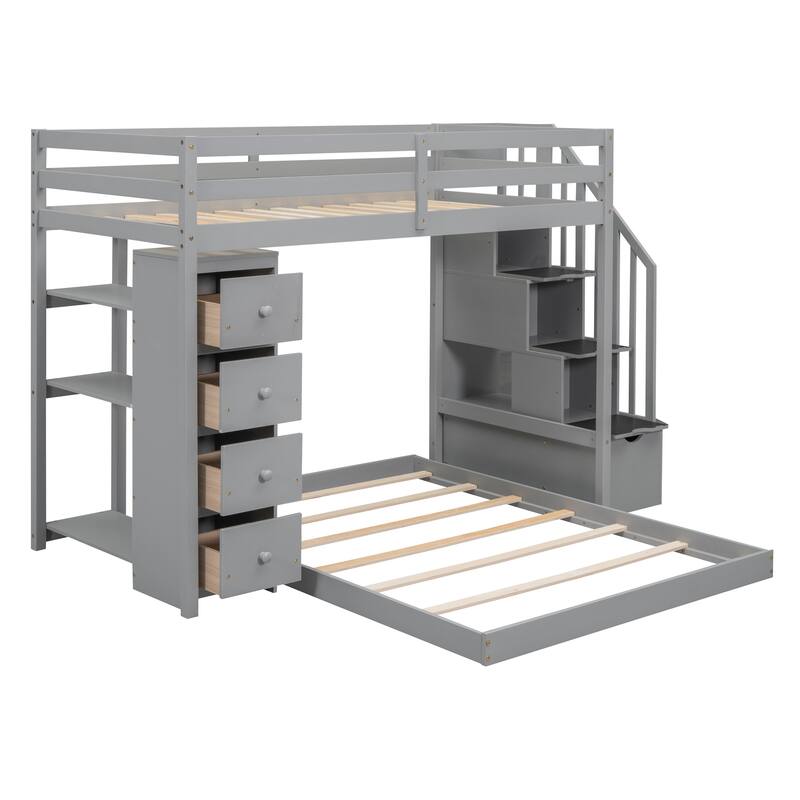 Twin Over Full Bunk Bed with 3-layer Shelves, Drawers and Storage Stairs, Gray