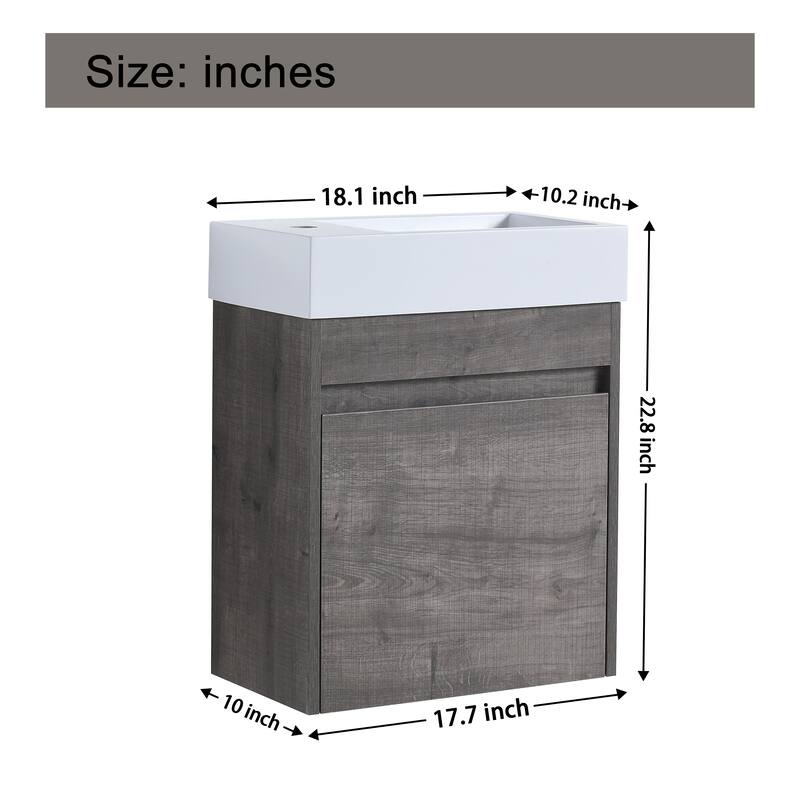 Malwee 18" Floating Bathroom Vanity, Mini Wall Mounted Bathroom Vanity, Single with Resin Sink and Soft Close Door