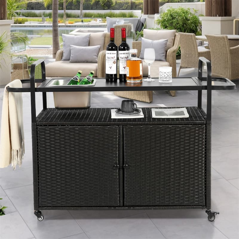 Outdoor Wicker Bar Cart with Steel Top, Ice Bucket,Lockable Wheels - Black