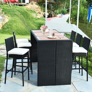 7 PCS Outdoor Dining Set Patio Wicker Bar Table Set with Cushions