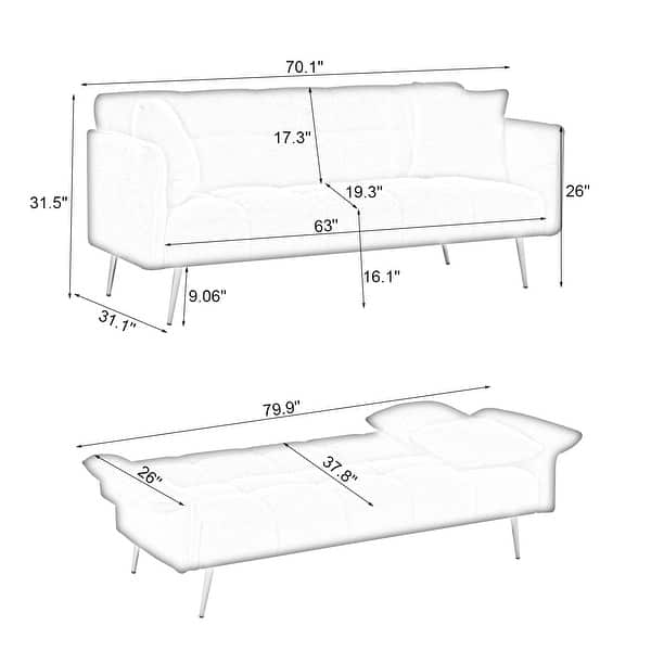 Convertible Sofa Couch Orange Sleeper Sofa with Adjustable Backrest, Velvet Folding Sofa Bed with Wood Frame
