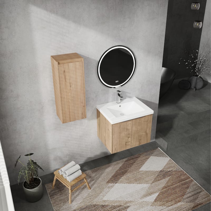 24" Floating Bathroom Vanity with Resin Sink, Side Cabinet, Soft-Close Hinges, and Water-Resistant Plywood Construction