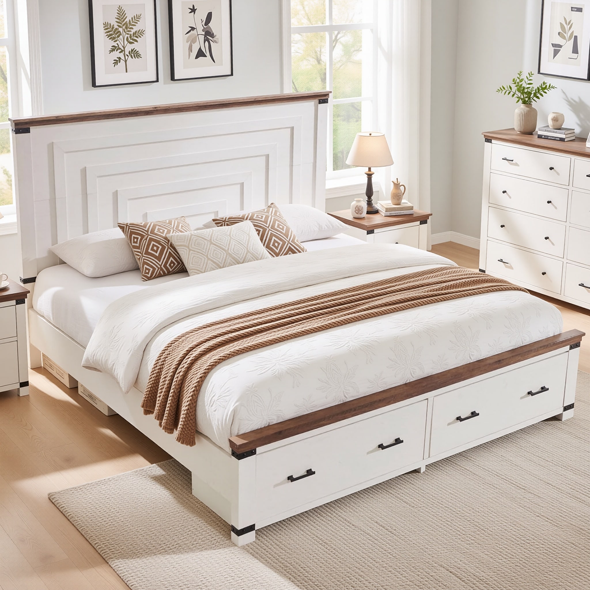 Farmhouse King Size Wood Bed Frame with Headboard & 2 Large Drawers